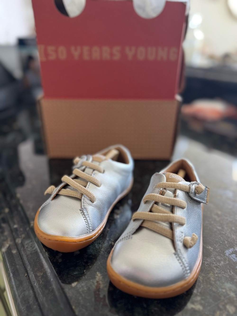New Camper Kids Metallic Silver Sneakers with Tan Soles, Size 5.5t
